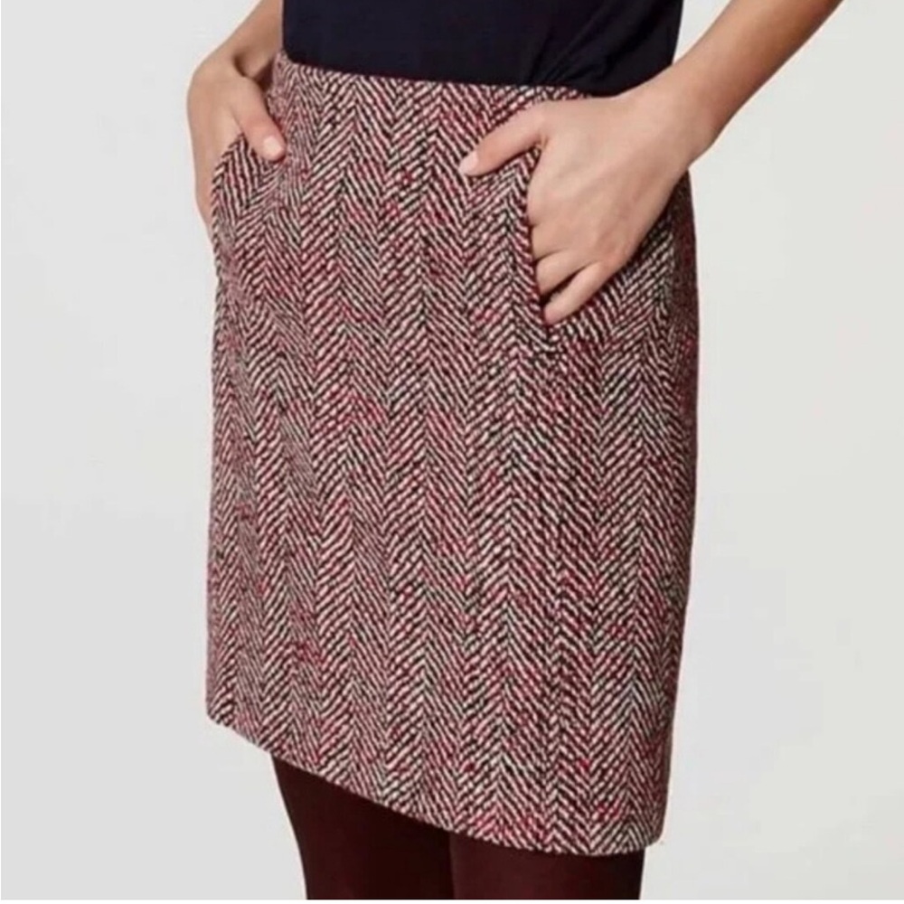 Loft Red Black & White Herringbone Tweed Wool Blend Clueless Mini Skirt WN 8 - Picture 2 of 10